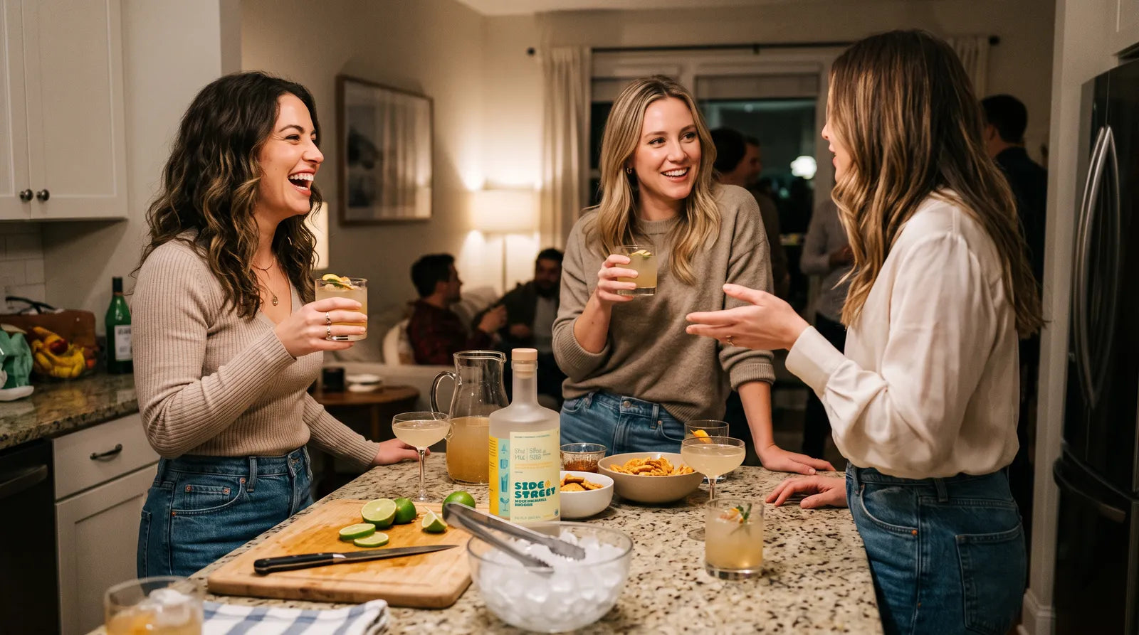Three friends sharing Sidestreet drinks around a kitchen island at a house party