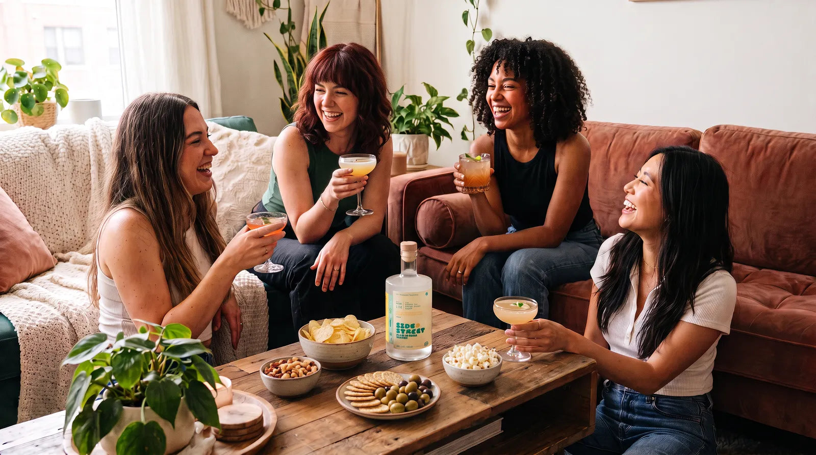 Four friends laughing on a sofa with cocktails and a bottle of Sidestreet on the coffee table